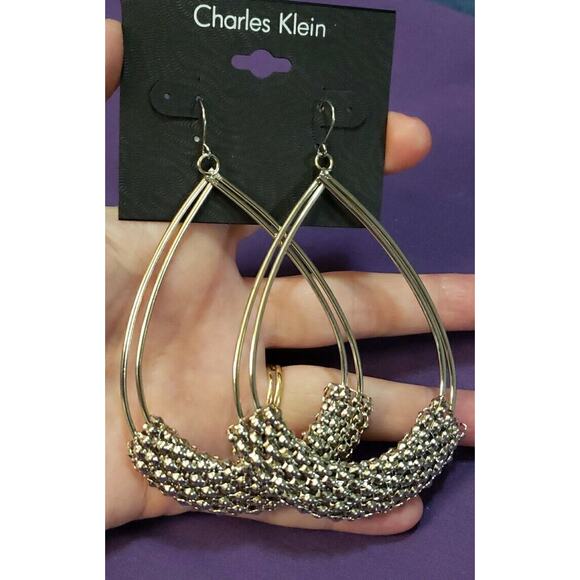 Charles Klein Large Double Teardrop Earrings Popcorn Mesh Wrap Silver Tone, NWT - Picture 6 of 9
